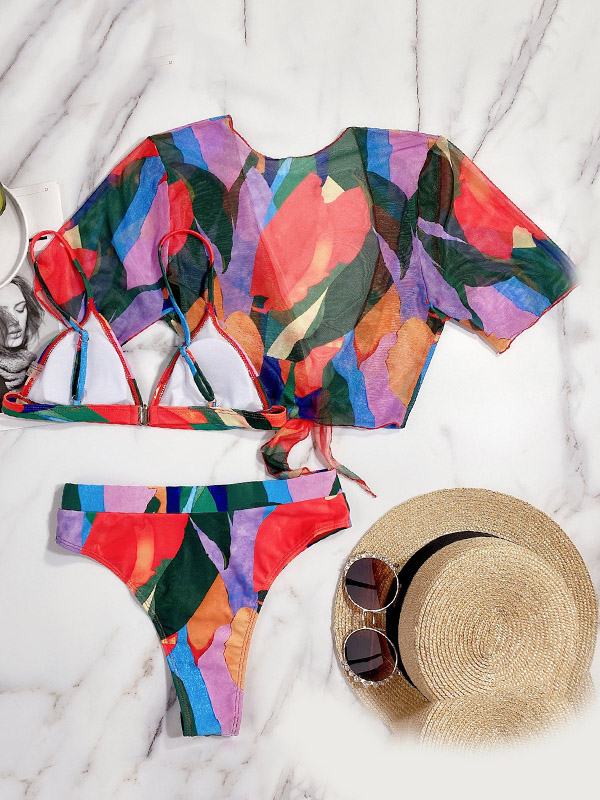 Multicolour Spaghetti-Neck Triangles Split Bikini Swimsuit+Cover-Ups Three-Piece Set