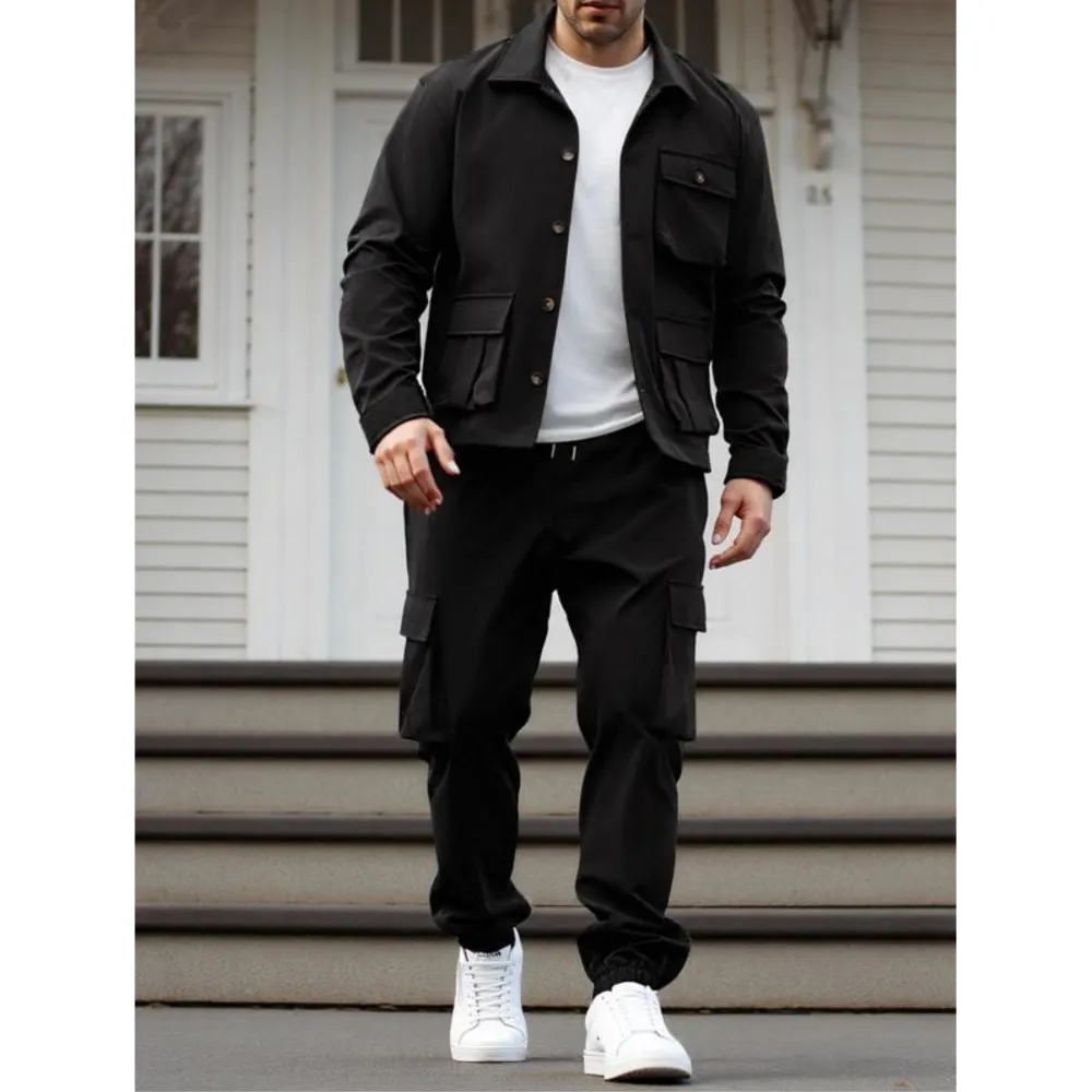 Men's Solid Color Pocket Button Front Jackets & Pants Two-Piece Set