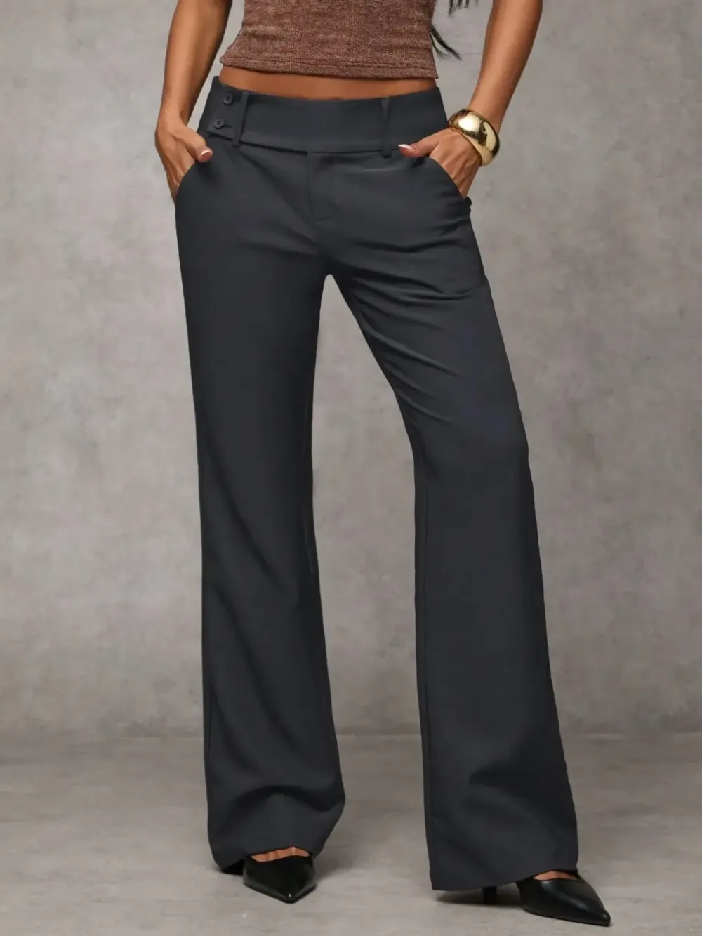 Women's Plain Pocket Elegant Casual Flare Pants, Business Casual Women's Clothing, All-Season Ladies' Apparel