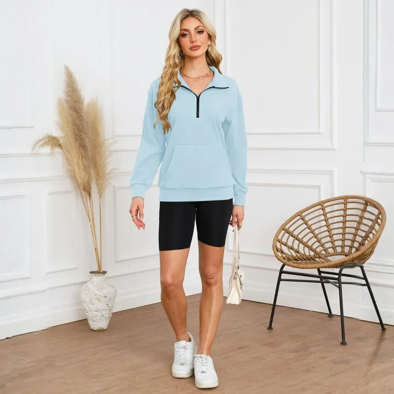 Women's Half Zip Sweatshirt Hoodless Hoodie Stand Collar Fleece Longsleeve Oversized