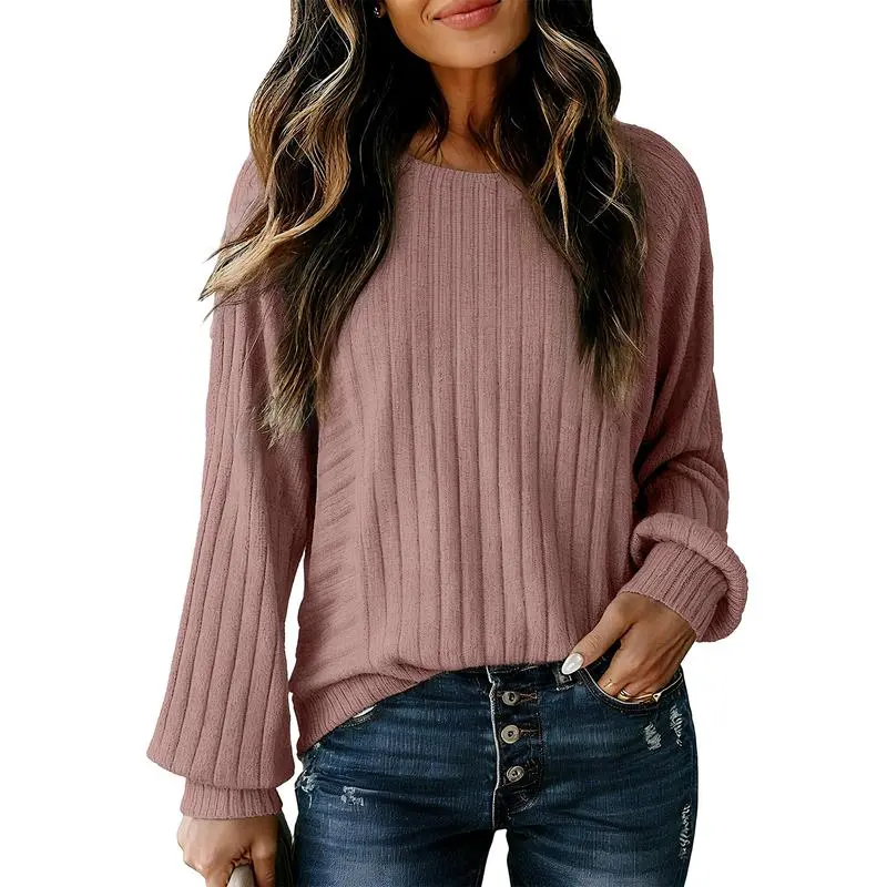 Womens Soft Long Sleeve Crewneck Shirts Fall Casual Loose Fit Knit Tops Blouses