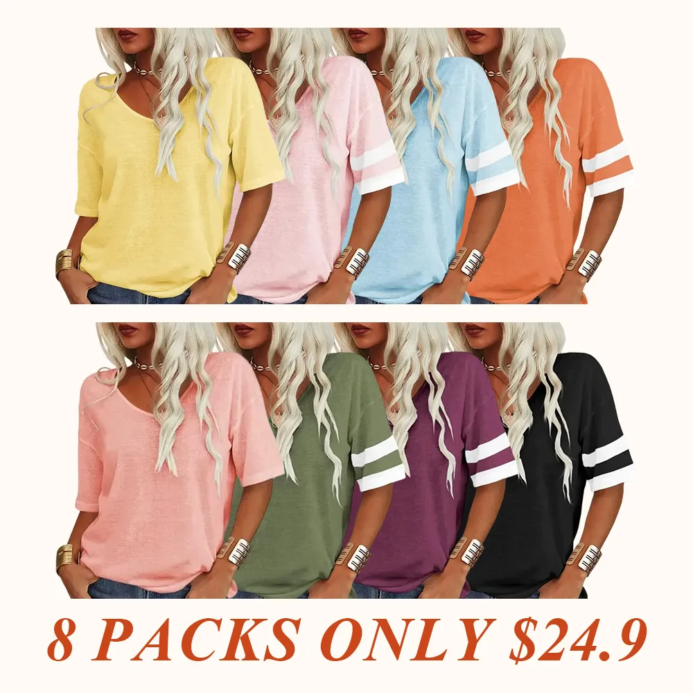 Women Soft V Neck Tshirt Half Sleeve Lightweight Solid Color Loose Fit Minimalist Top