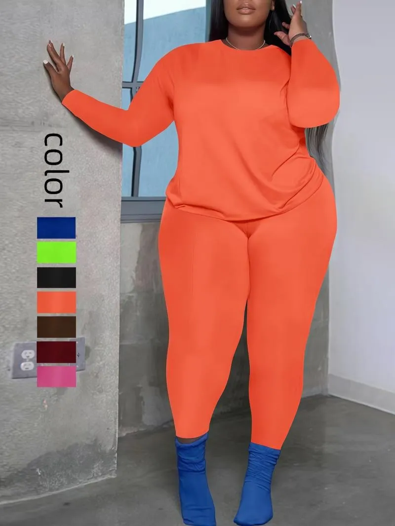 Women's Plus Size 2-Piece Set, Long-Sleeve Round-Neck Top & Pants, Casual Home Sportswear for Daily Wear
