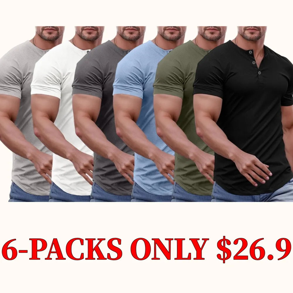Men's solid color slim-fit Henley neck T-shirt