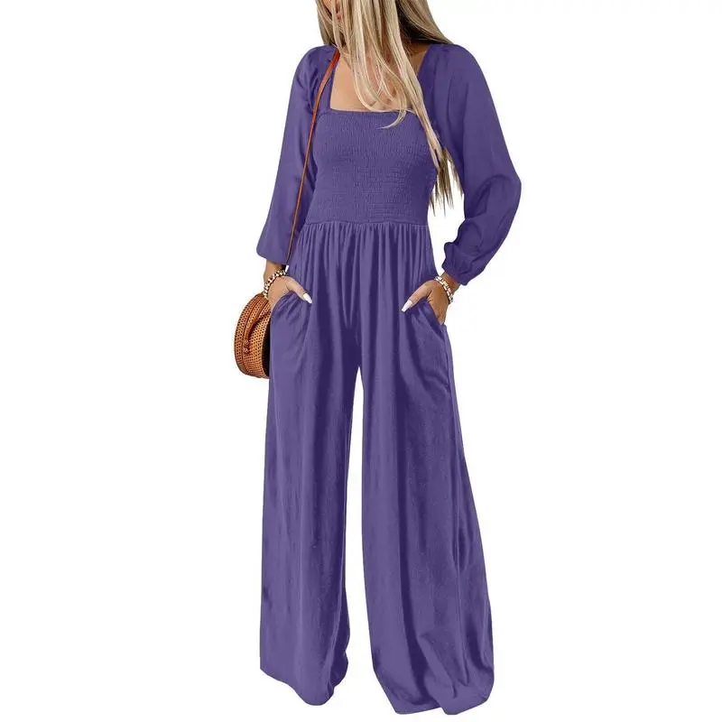Women's Casual Loose Overalls Jumpsuits One Piece Long Sleeve Wide Leg Long Pant Rompers With Pockets