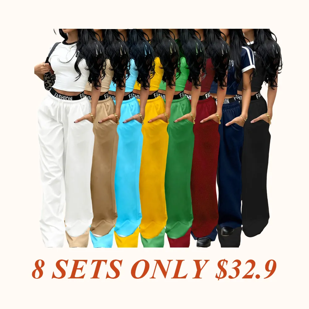 Hot-girl Style Contrast Binding Short Top and Letter Tape Wide Leg Pants, Women's Black & White Two-piece Set