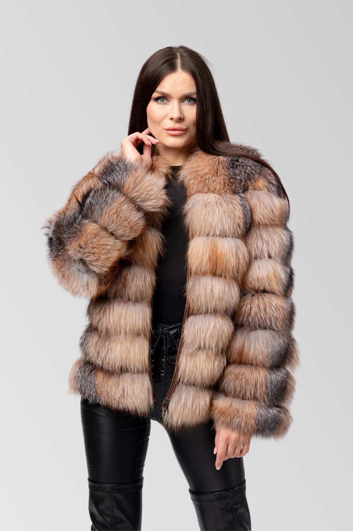 Haină din Blană Naturală de Vulpe Argintie, Transformabilă 6 în 1, Femei, Brown Frost 241