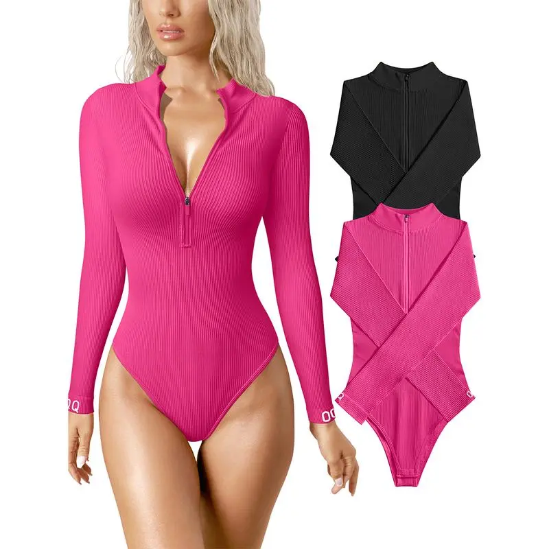 Women's 2 Piece Bodysuits Sexy Ribbed One Piece Zip Front Long Sleeve Tops Bodysuits