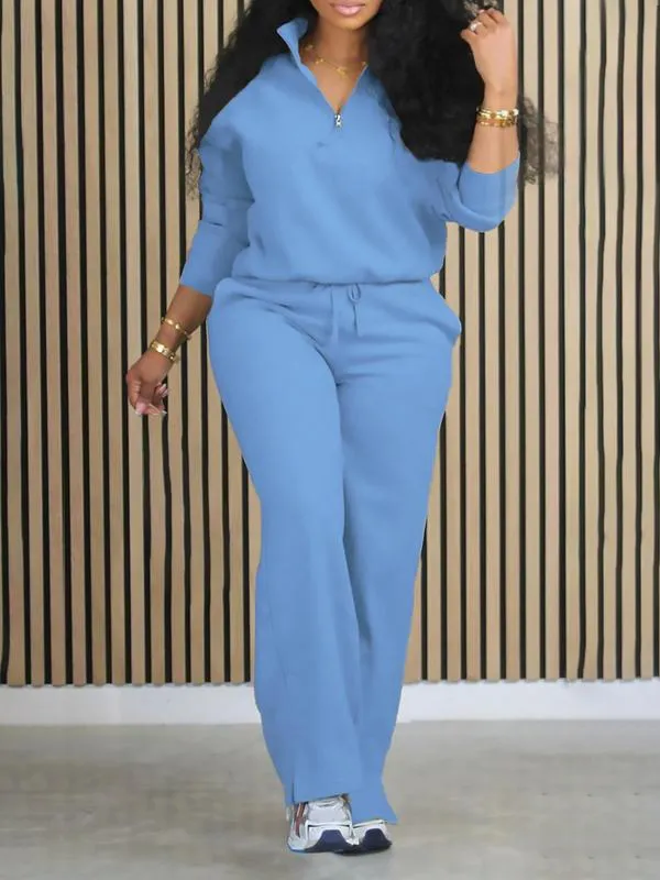 Women's Solid Half Placket Split Hem Pants Set