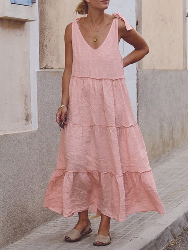 Solid Color Loose Sleeveless V-Neck Midi Dresses