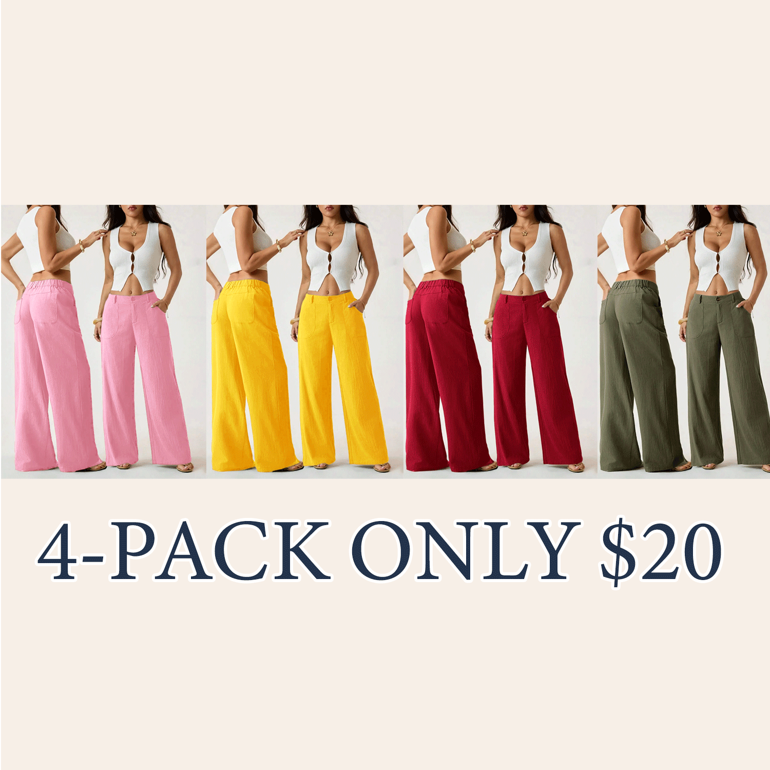 Women's Classical Linen Palazzo Pants Summer Flowy Wide Straight Leg Beach Trousers With Pocket