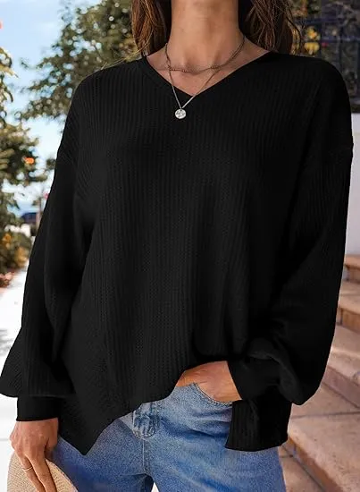 Casual Blouses V Neck Waffle Knit Tops