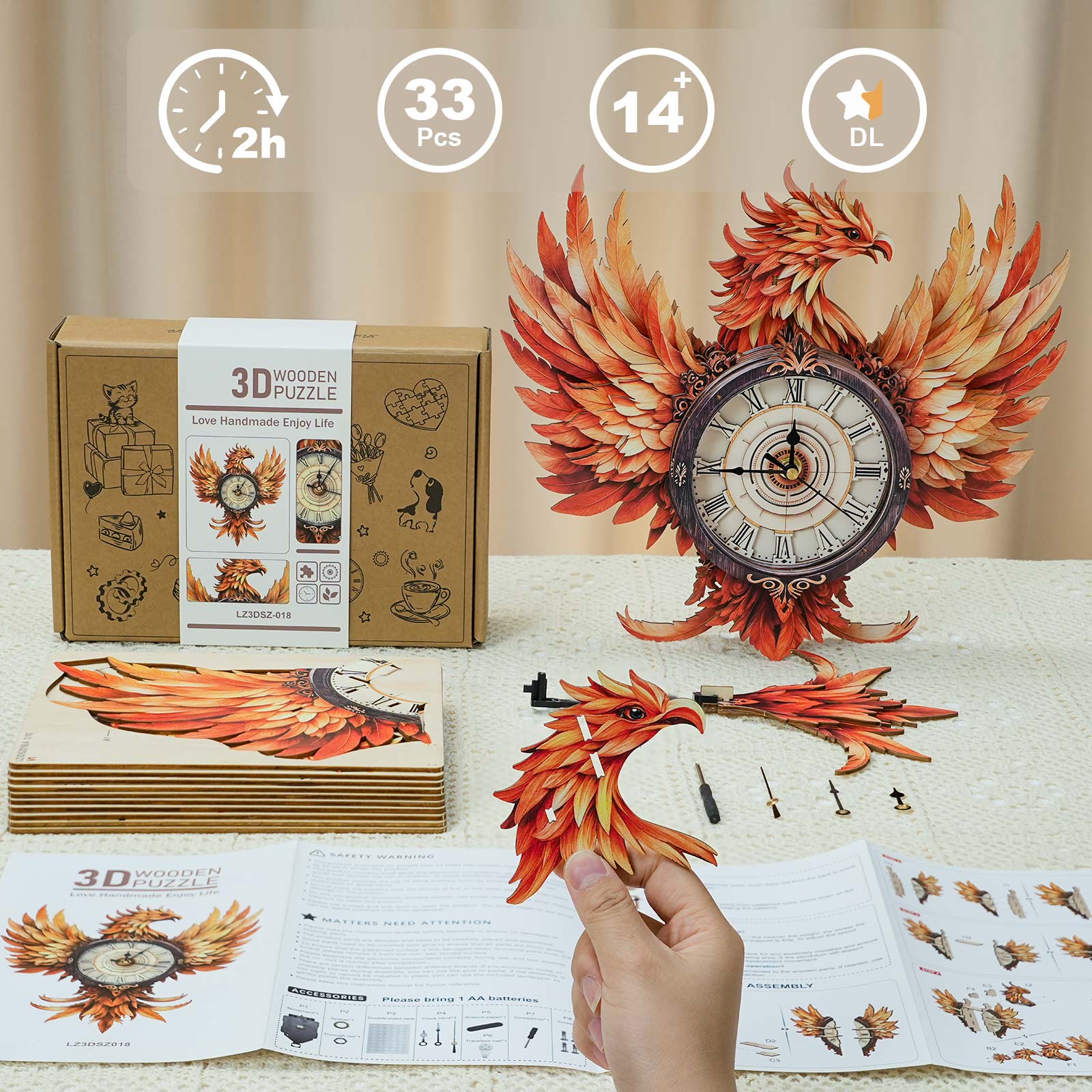 Fire Phoenix – DIY Wooden Clock, 3D Puzzle Craft Kit