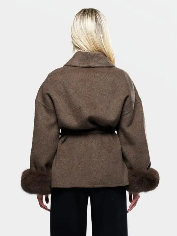 Women's Elegant Solid Color Waist Tie Plush Long Sleeve Thermal Wrap Coat