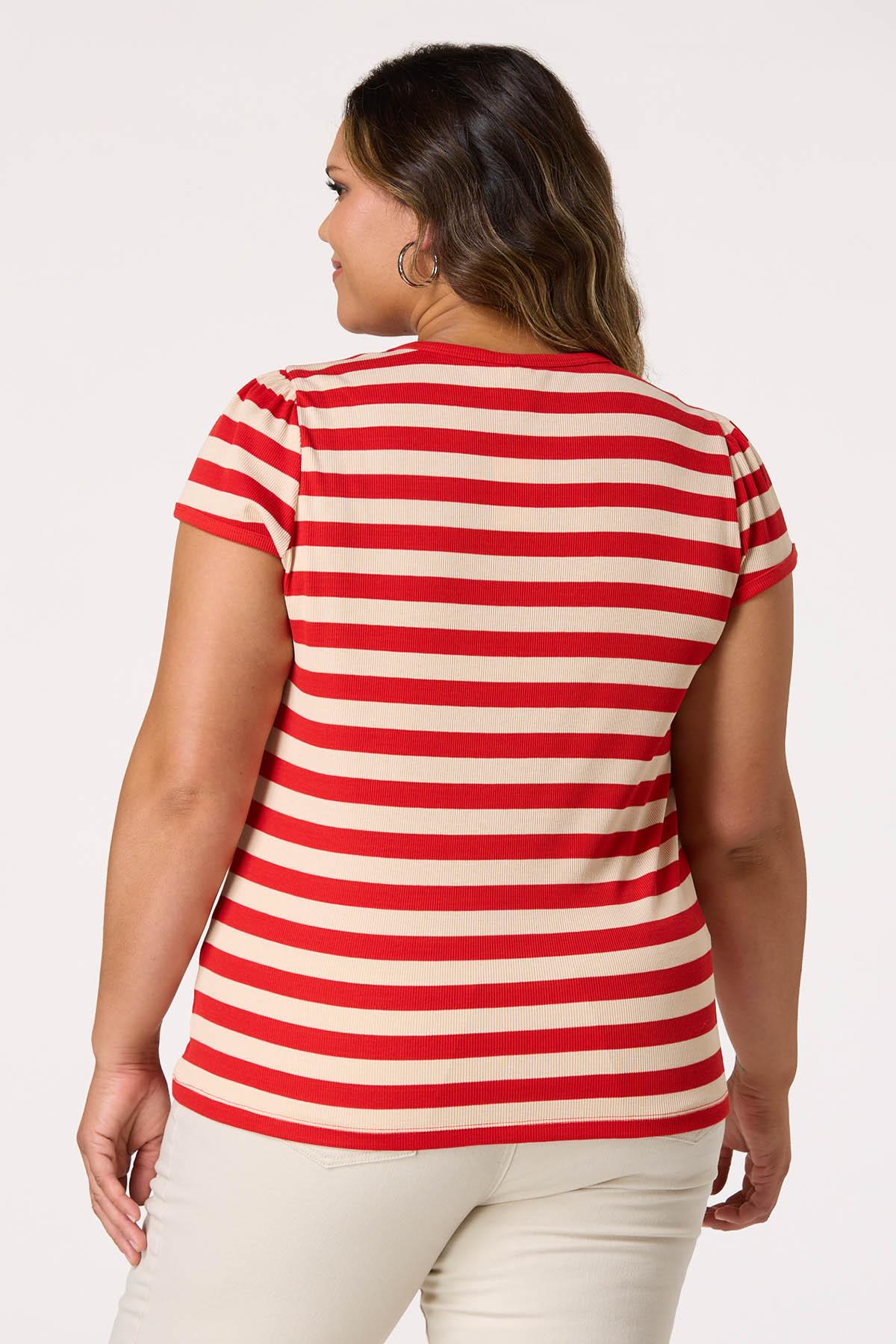 Plus Size Red White Striped Crew Top