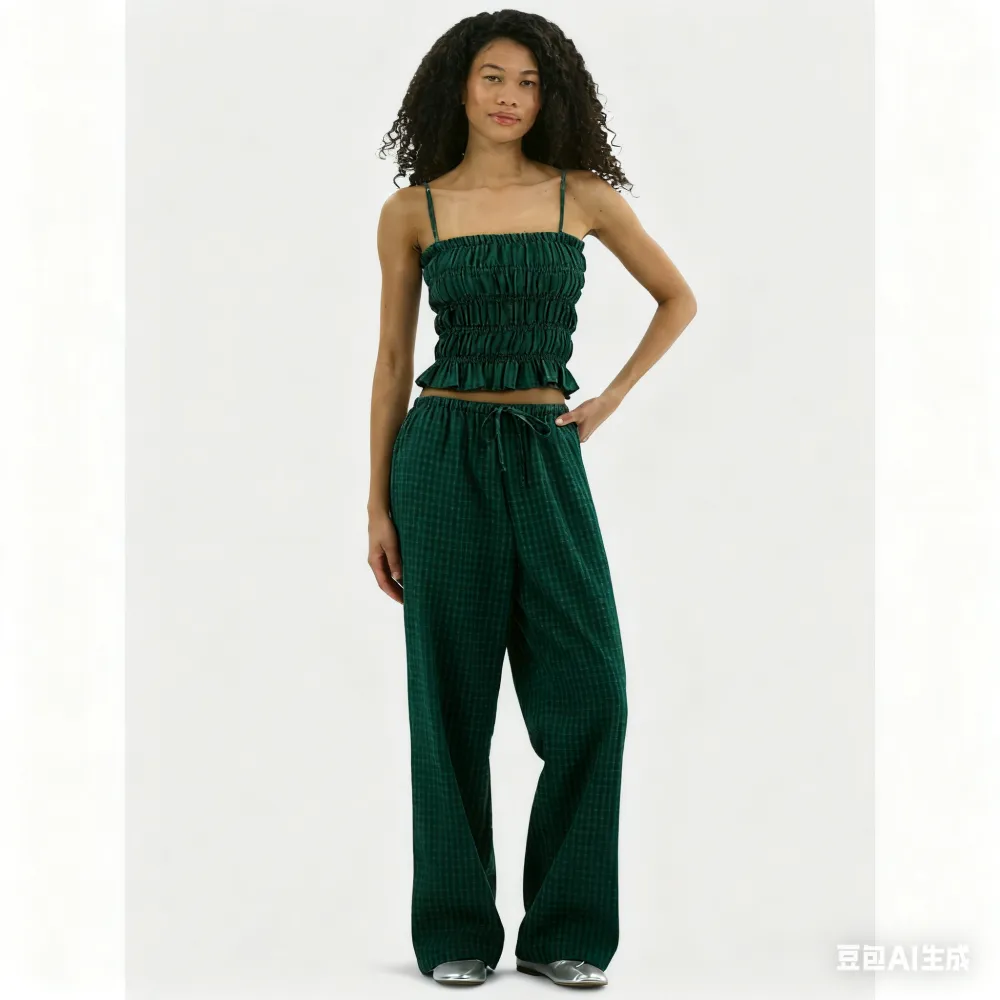 Plaid Seersucker Smocked Cami Top and Pants Set