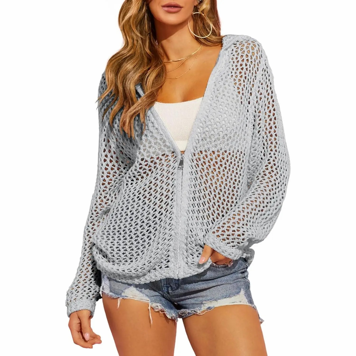 Women's Crochet Lightweight Cardigan – Zip Up Hooded Mesh Beach Cover Up