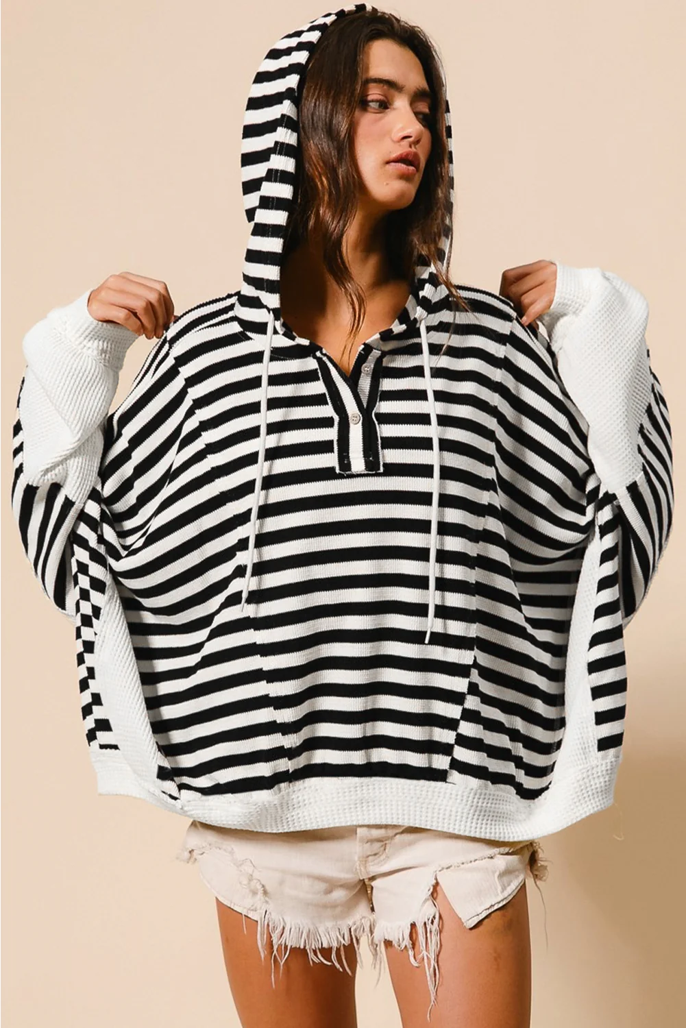 Oversized Striped Henley Buttons Dolman Sleeve Hooded Top