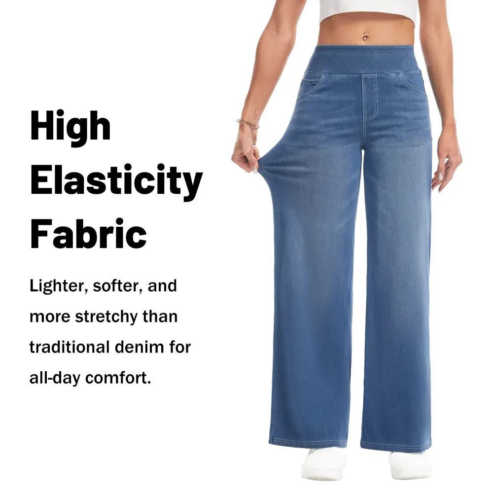 Wide Leg Stretchy Jeans for Women Loose Fit Elastic High Waist Pants