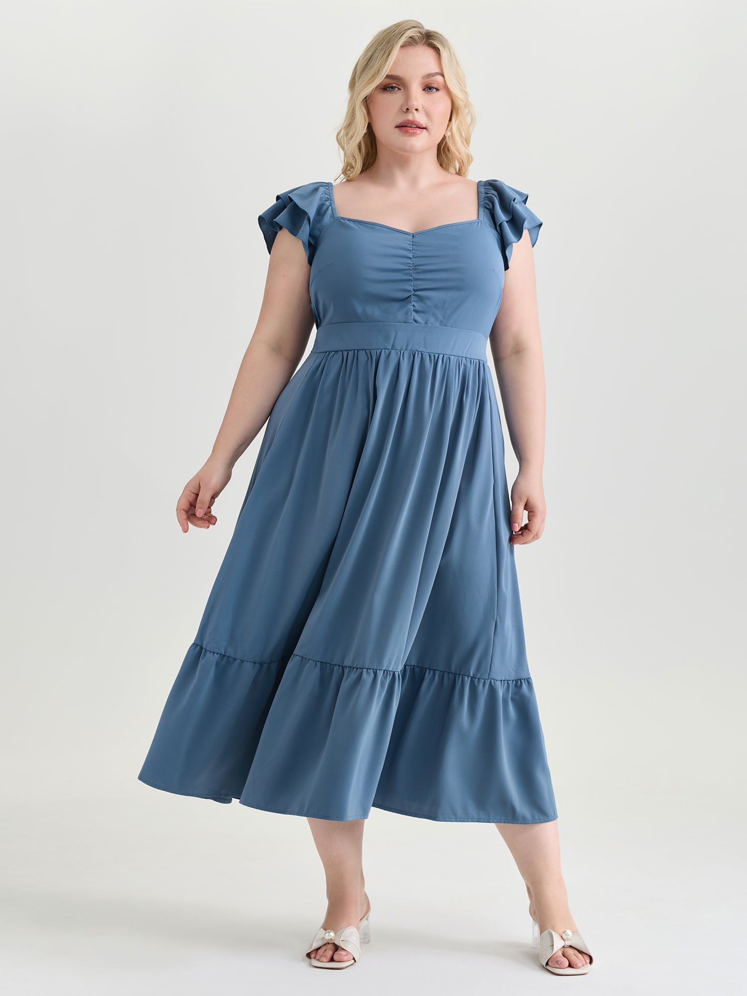 Ruched Shirred Back Layered Sleeve Midi Dress