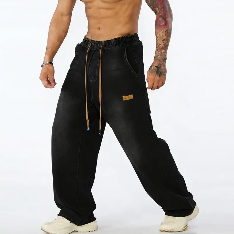 Men's straight leg jeans, casual drawstring elastic waistband