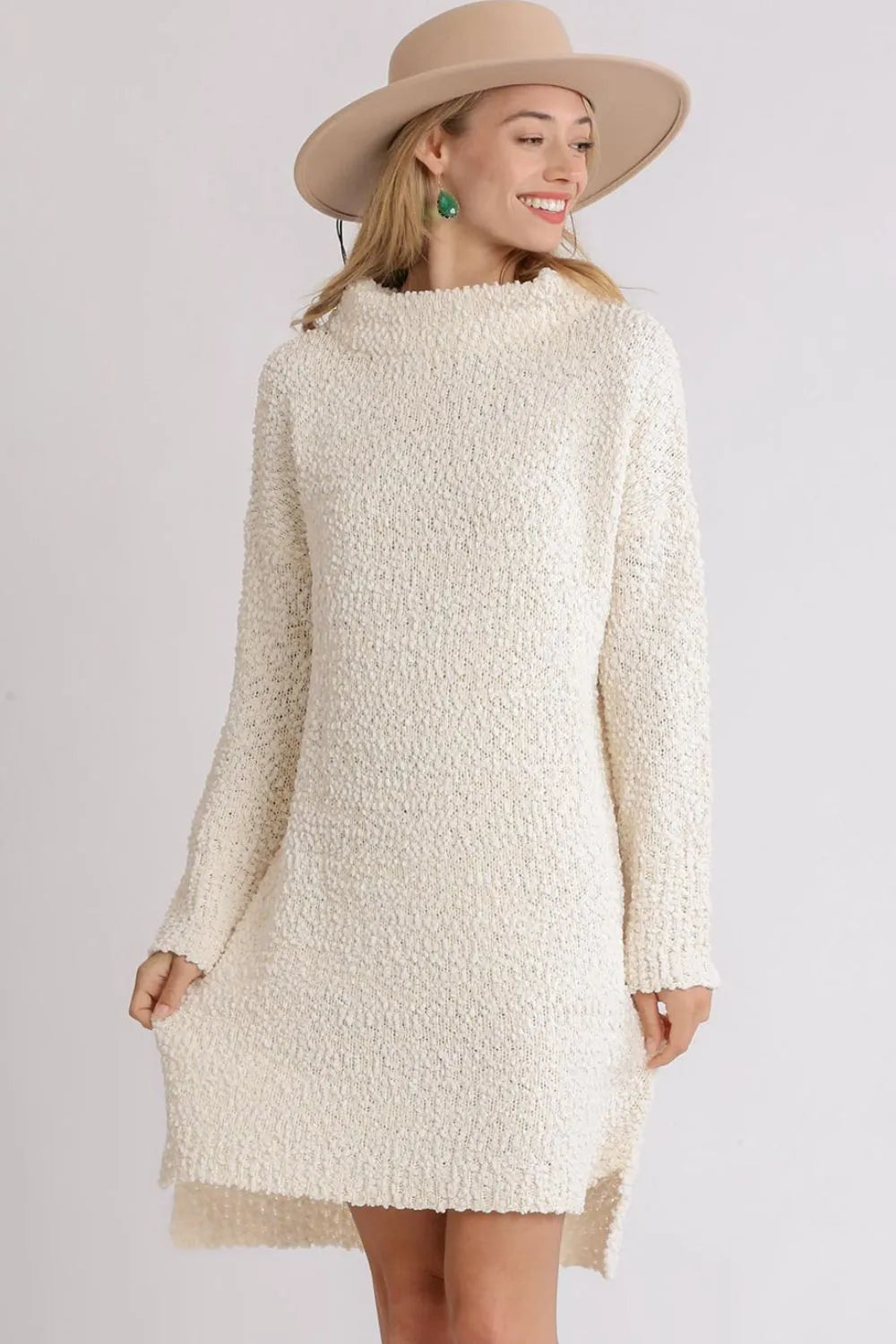 Full Size High Low Long Sleeve Boucle Sweater Dress Plus Size