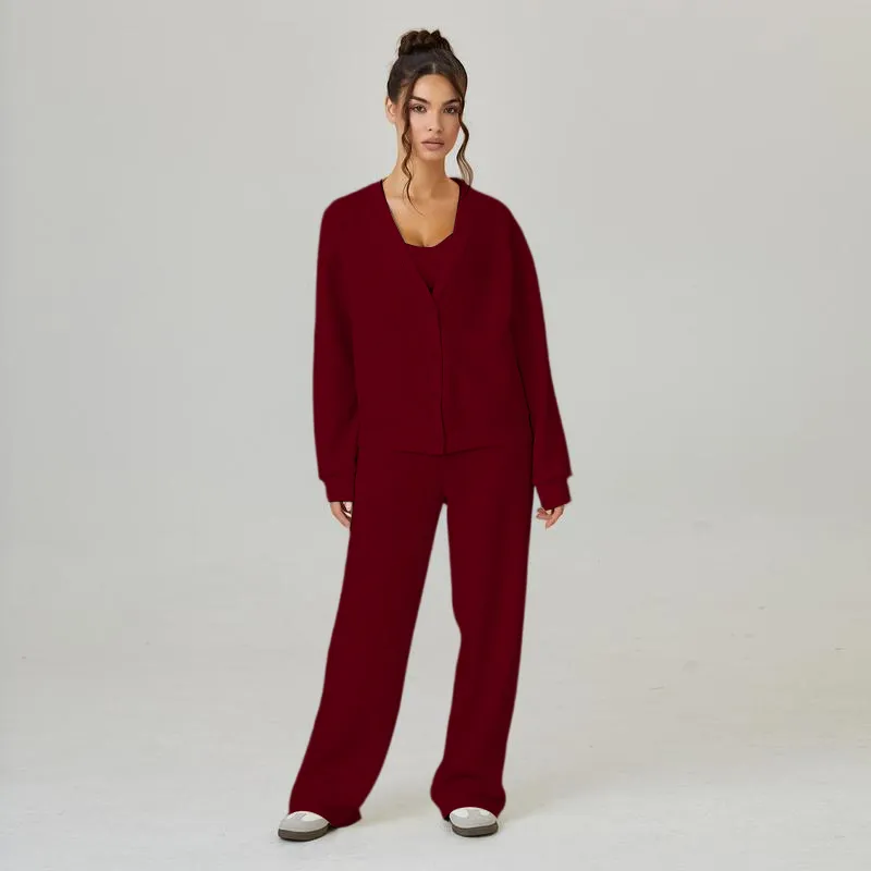 Women's Slouchy Solid Color V Neck Long Sleeve Button Cardigan & Drawstring Waist Trousers Co-ord