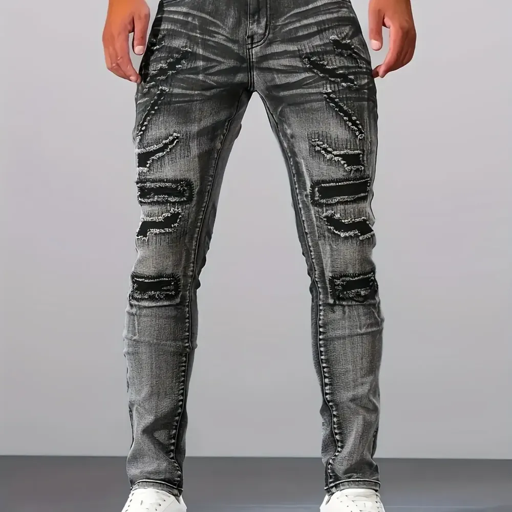 Skinny Fit Denim Jeans Distressed Ripped Patchwork Design Edgy Essential for Urban Street Style Outfits