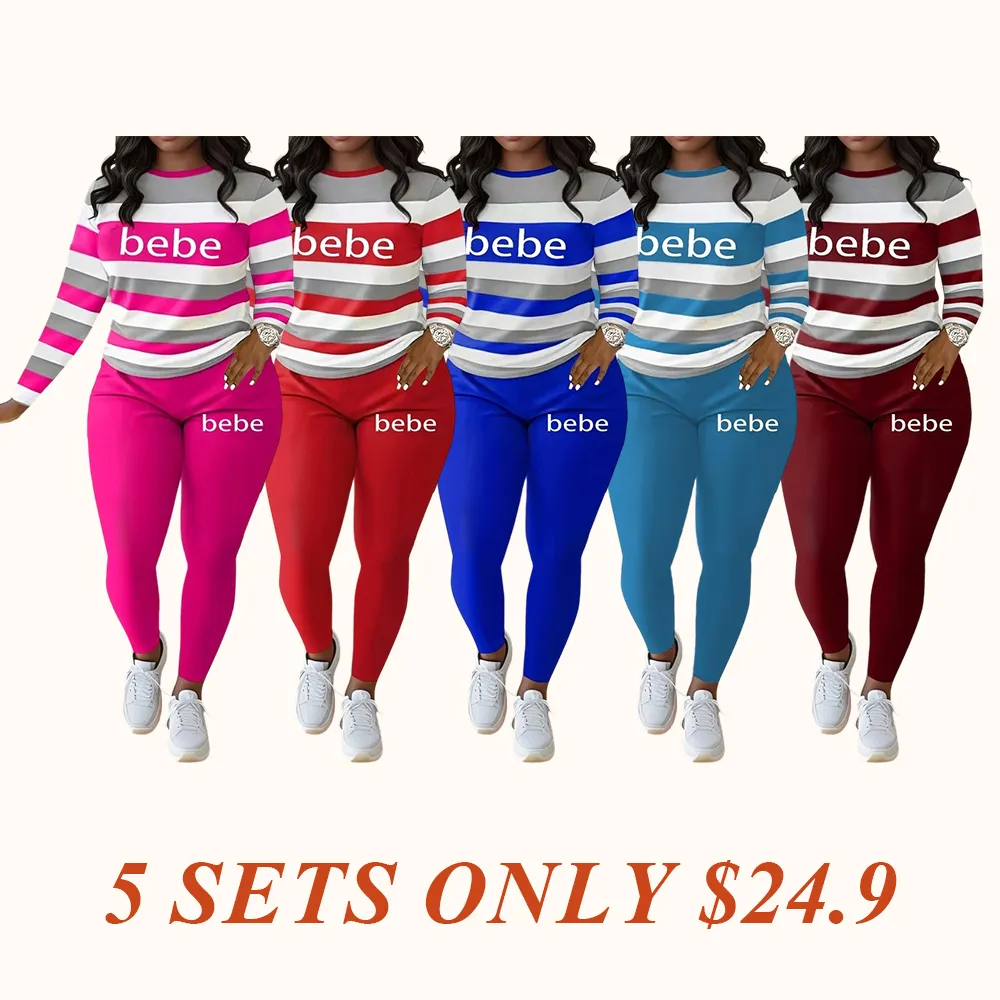 Women's Striped Bebe Letter Print Casual Autumn Winter Round Neck Long Sleeve Top & Pants Set