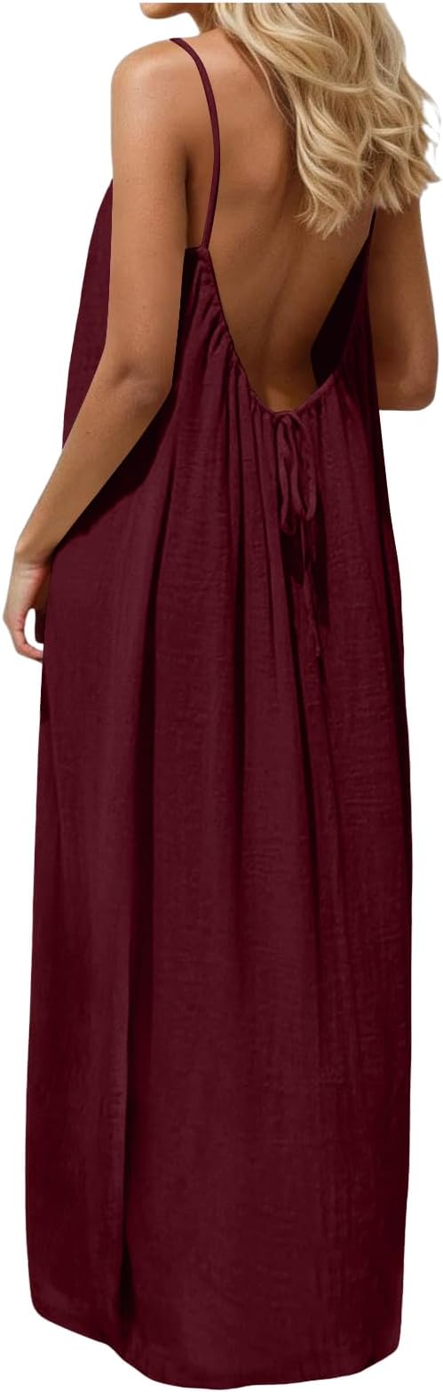 Backless Cami Dresses for Women Cami Lounge Dress Backless Sleeveless House Dress Long Sundress with Back Tie