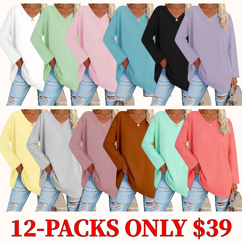 Plus-size solid color drop-shoulder V-neck T-shirt