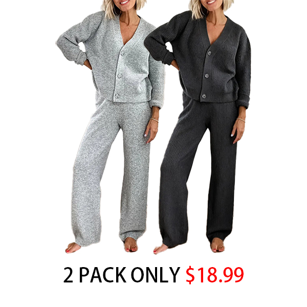 Last day discount- 50% OFF Solid Textured Knit Button Cardigan & Pants Set