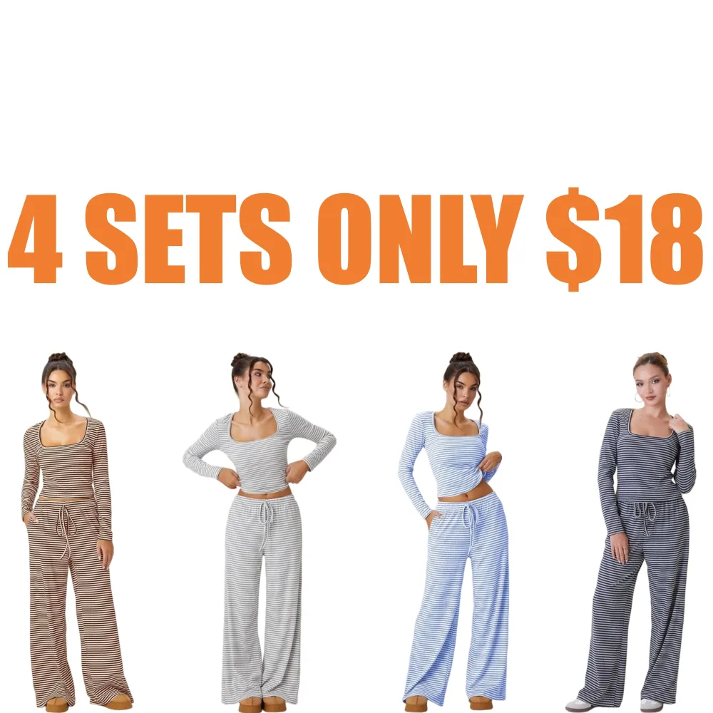 Women's Stripe Square Neck Long Sleeve Crop Top & Wide Leg Trousers Set