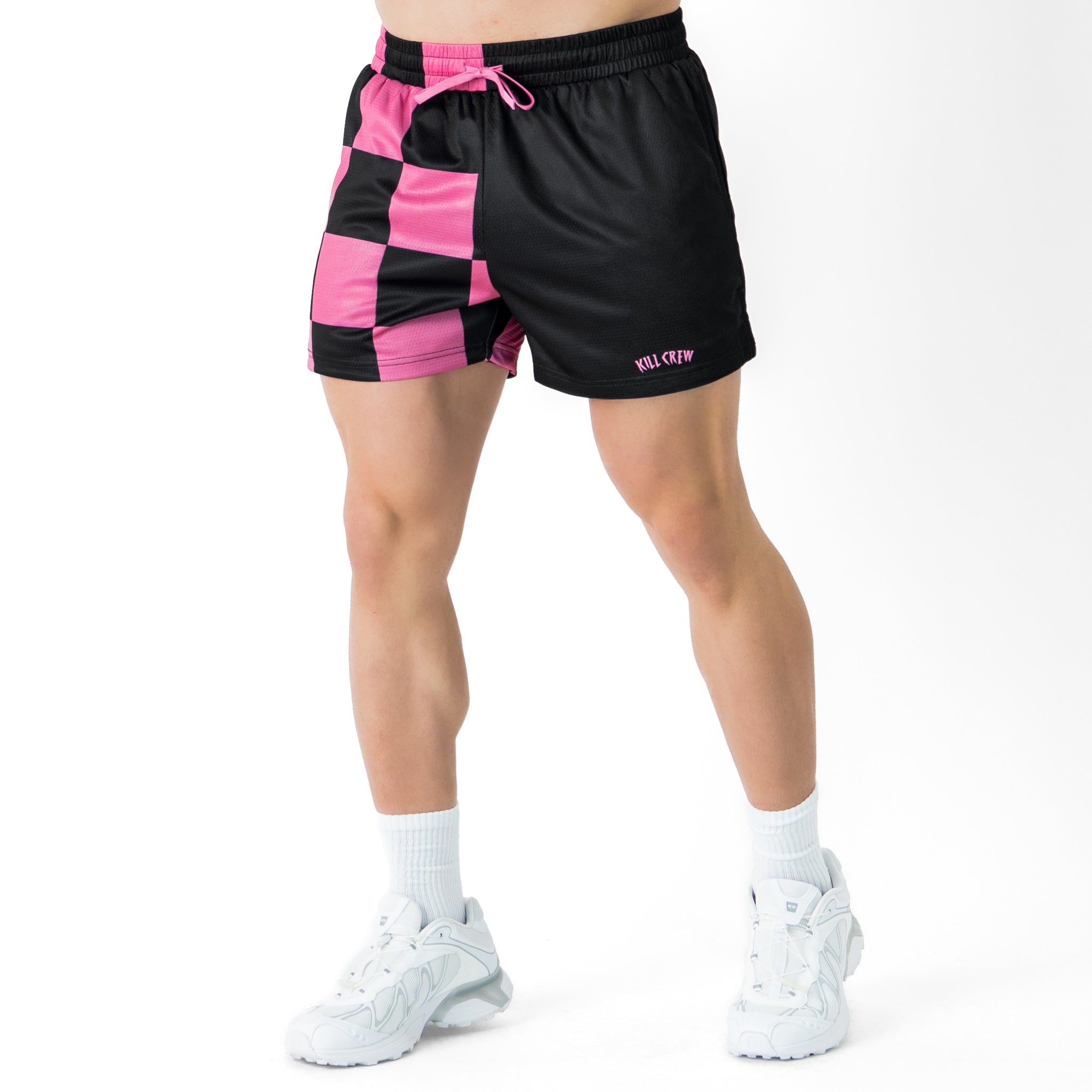 MUAY THAI SHORTS (MID THIGH CUT) CHECKER - BLACK / PINK