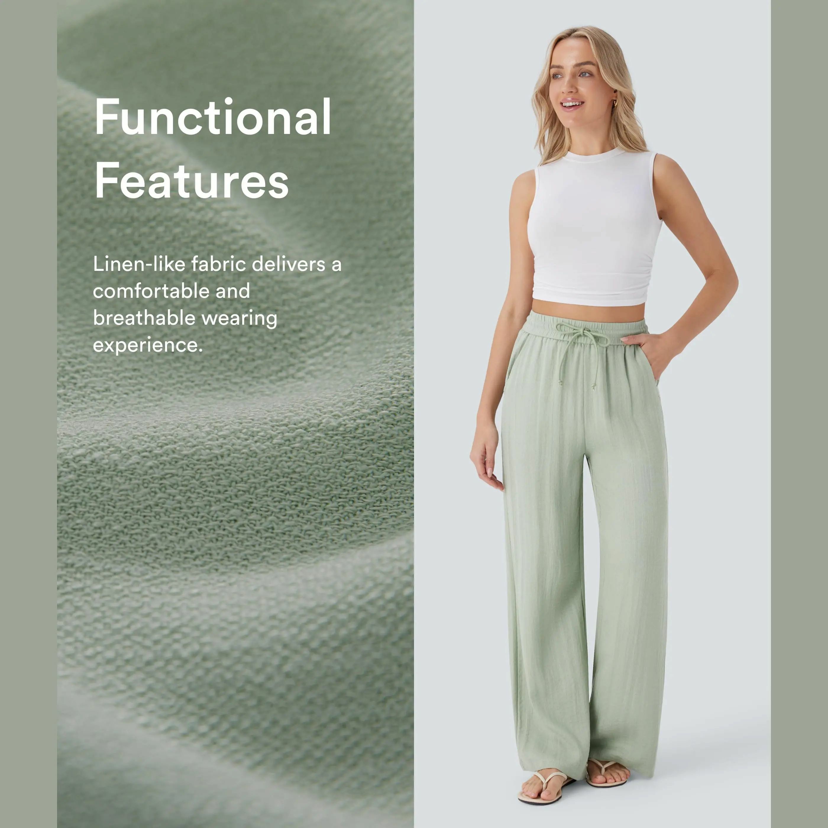 Women's High Waisted Drawstring Pocket Wide Leg Casual Linen-Feel Pants