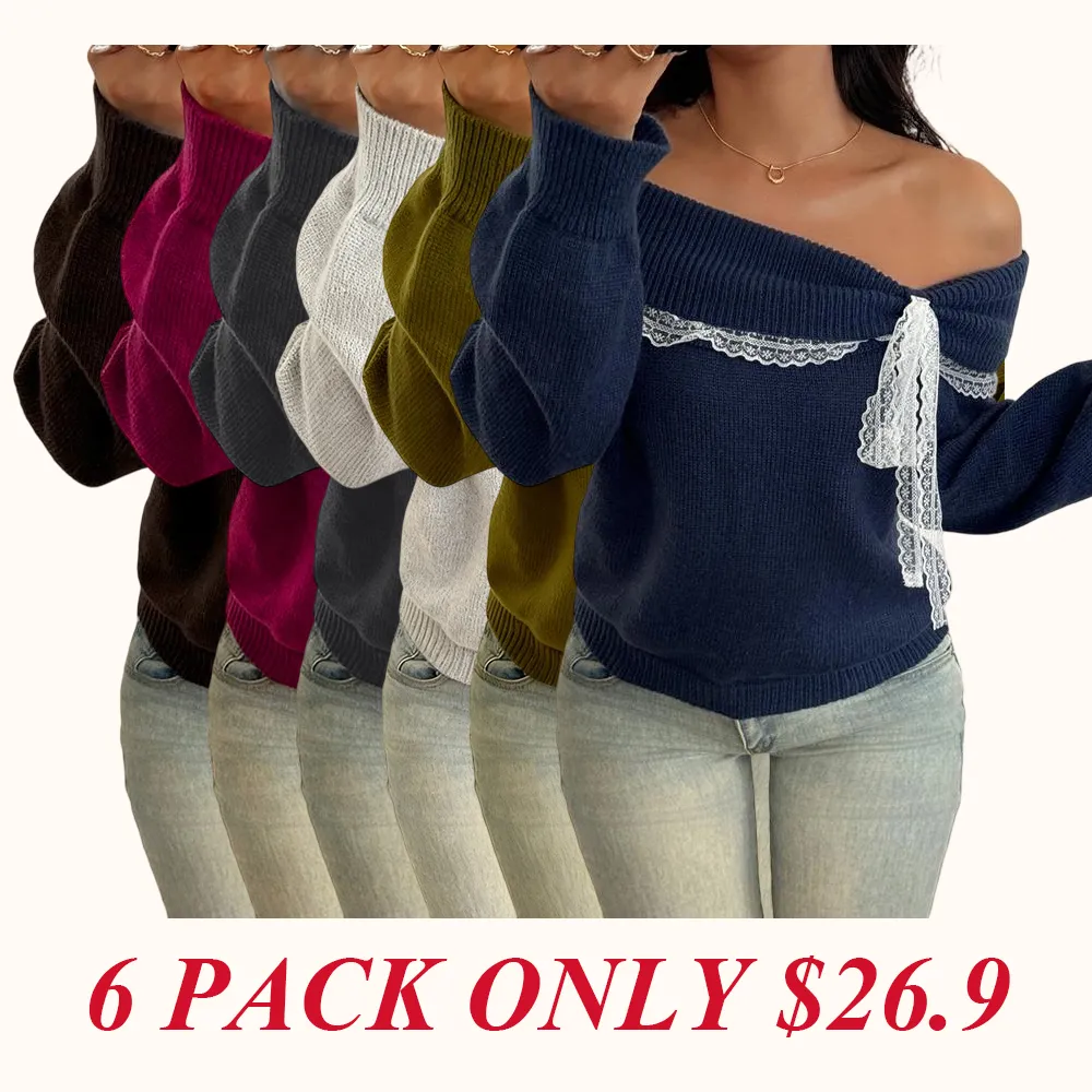 Women's off-shoulder lace bow sweater