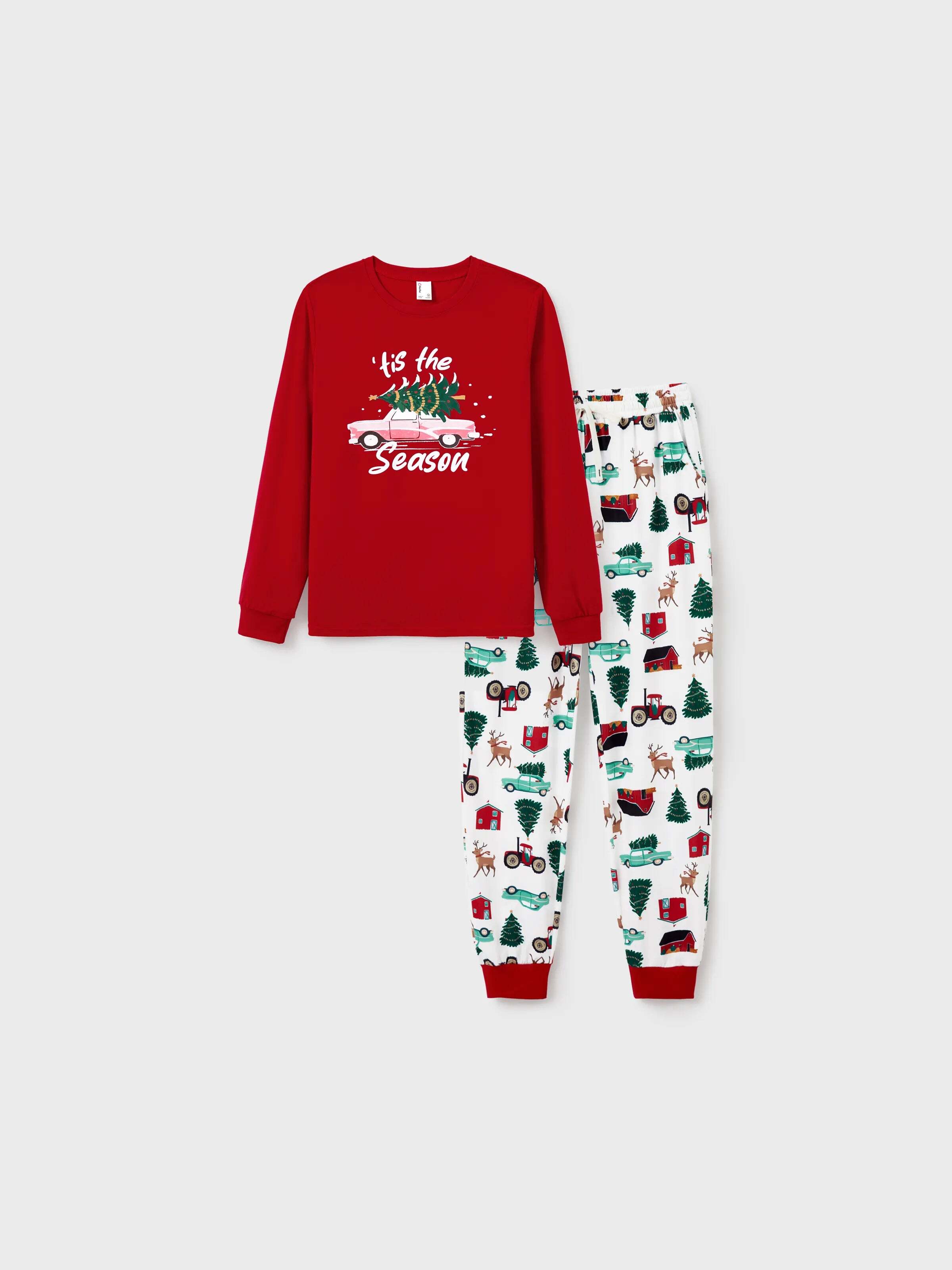 Christmas Matching Family Pajamas Set Reindeer and Car Print PJS with Christmas Socks Red