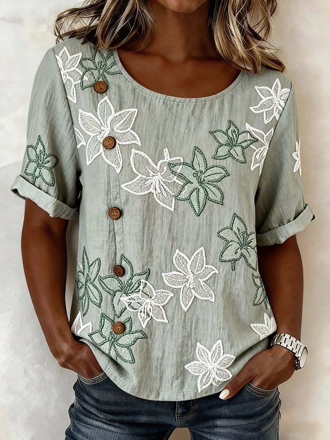 Women's Casual Round Neck Printed Cotton Linen Top- Fast Shipping