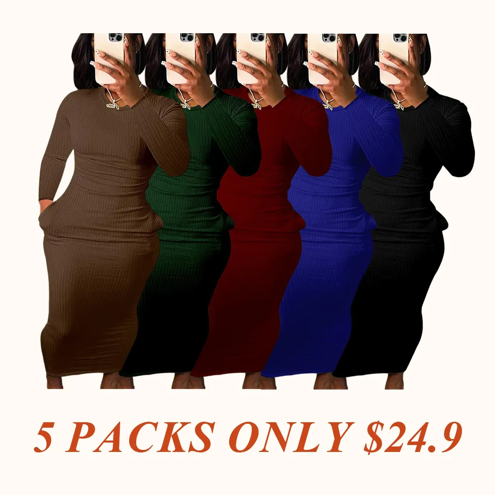 Women's Long Sleeve Pocket Dress, Breathable Elastic Multi-Color Party Casual Travel Pure Color Maxi Dress
