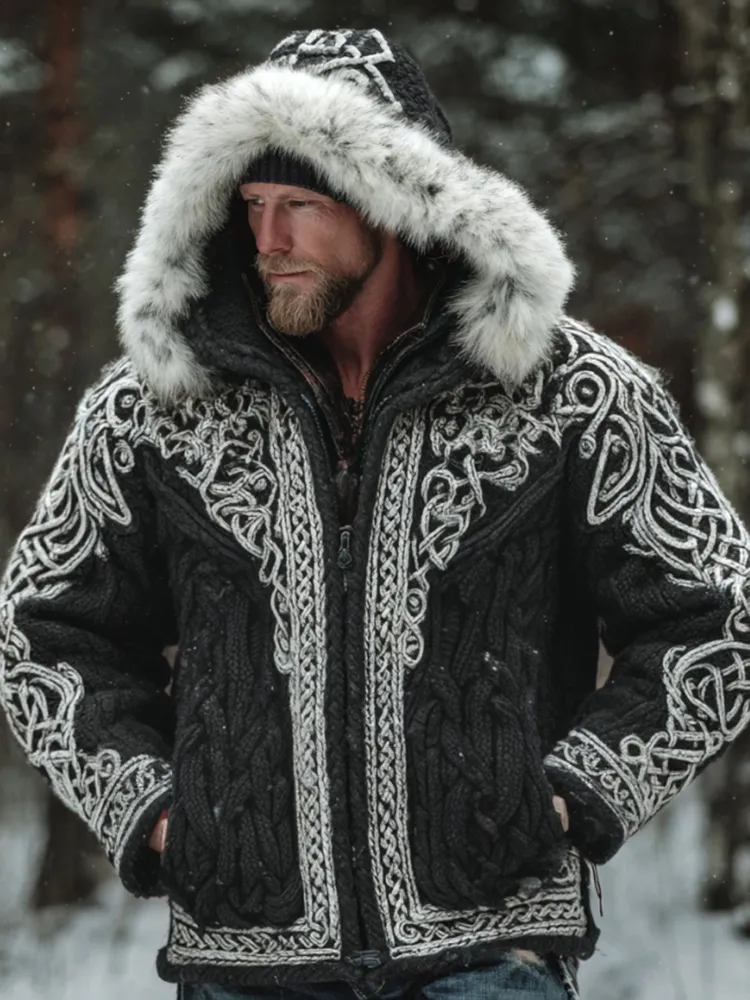 Men's Christmas Santa Celtic Art Warm Hooded Knit Sweater Jacket