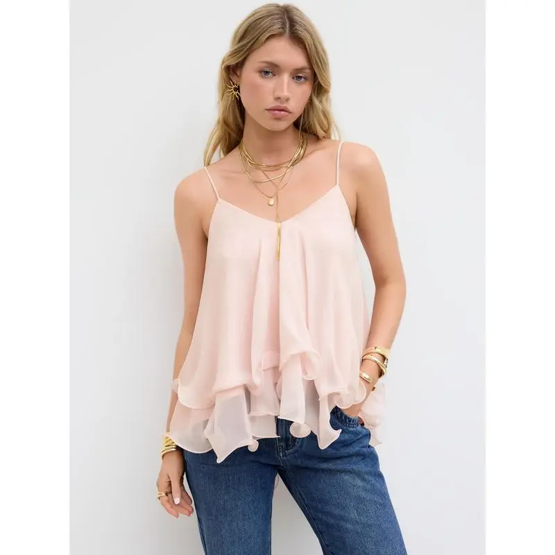 Ruffle Hem Knotted Layered Mesh Cami Top