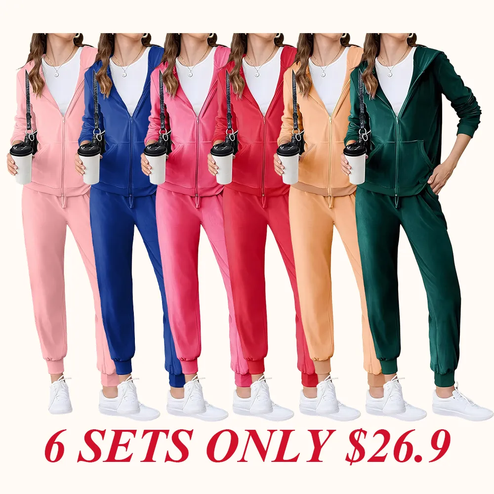 Women's Casual Velour Tracksuit Set Full Zipper Hoodie