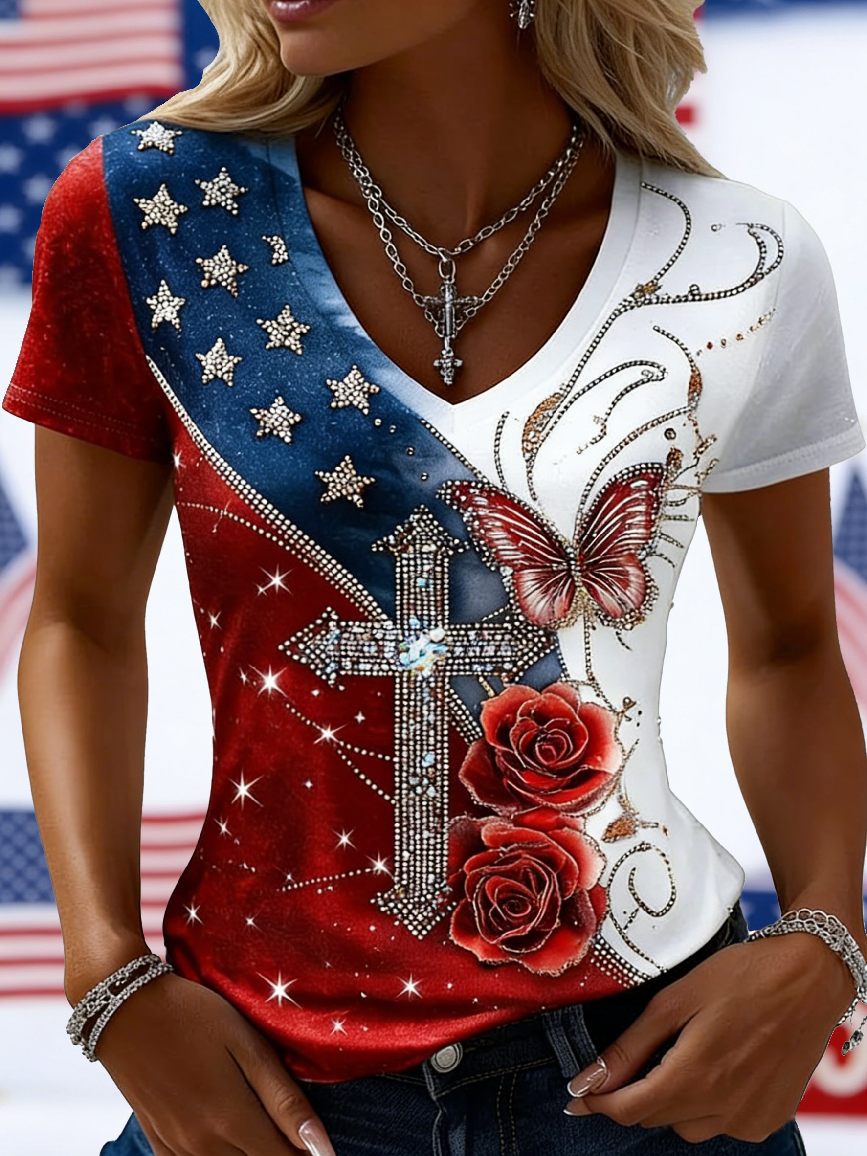 Vintage 3D Printing America Flag Floral Short Sleeve V Neck Casual T-Shirt