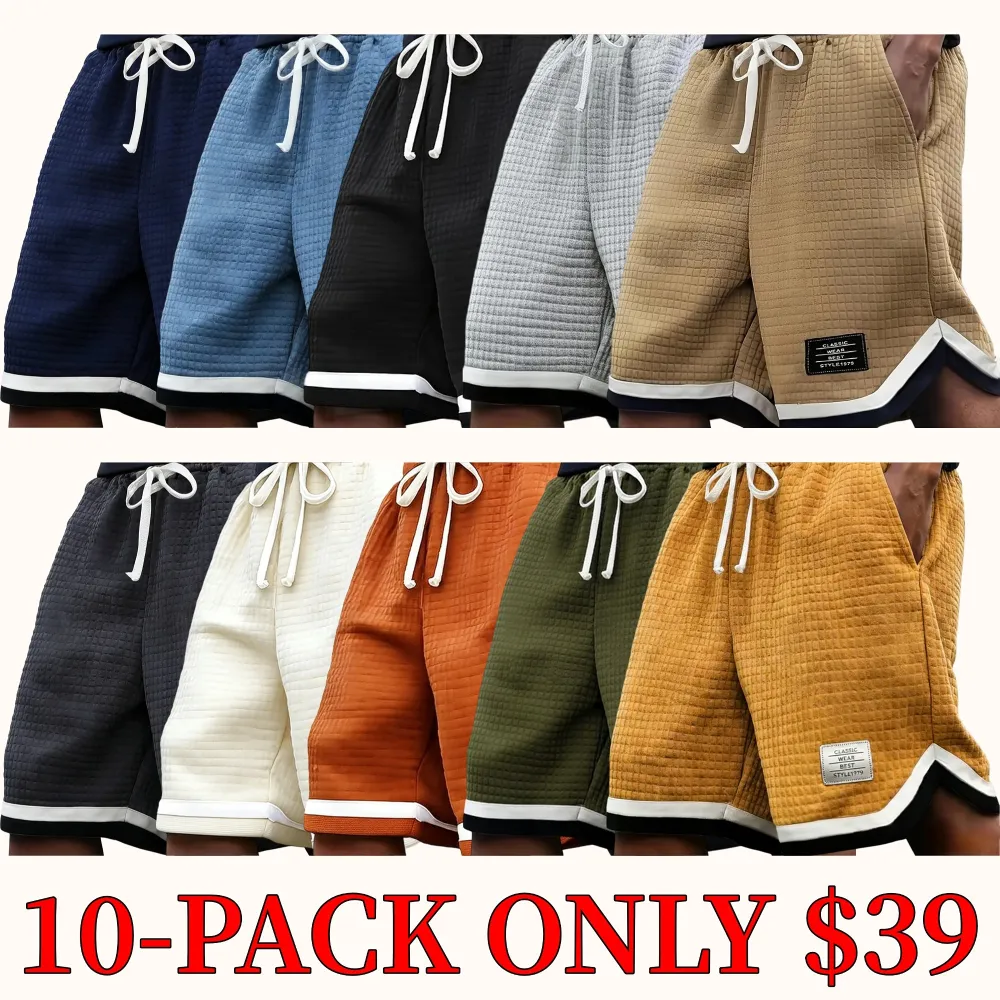 Plus Size Men's Waffle Knit Shorts - Elastic Drawstring Waist Casual Summer Shorts
