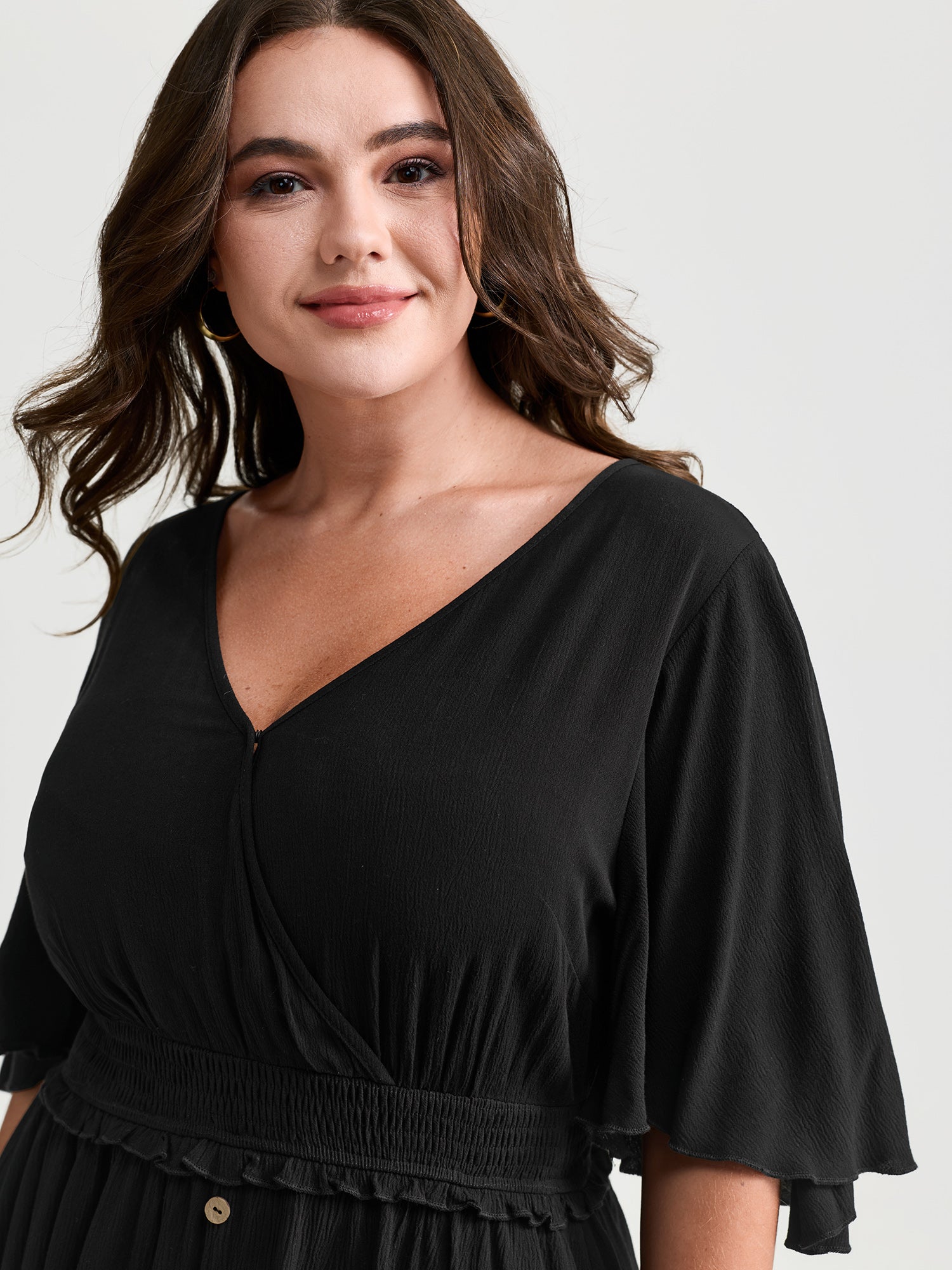 Crepe Shirred Ruffled Sleeve Mini Dress