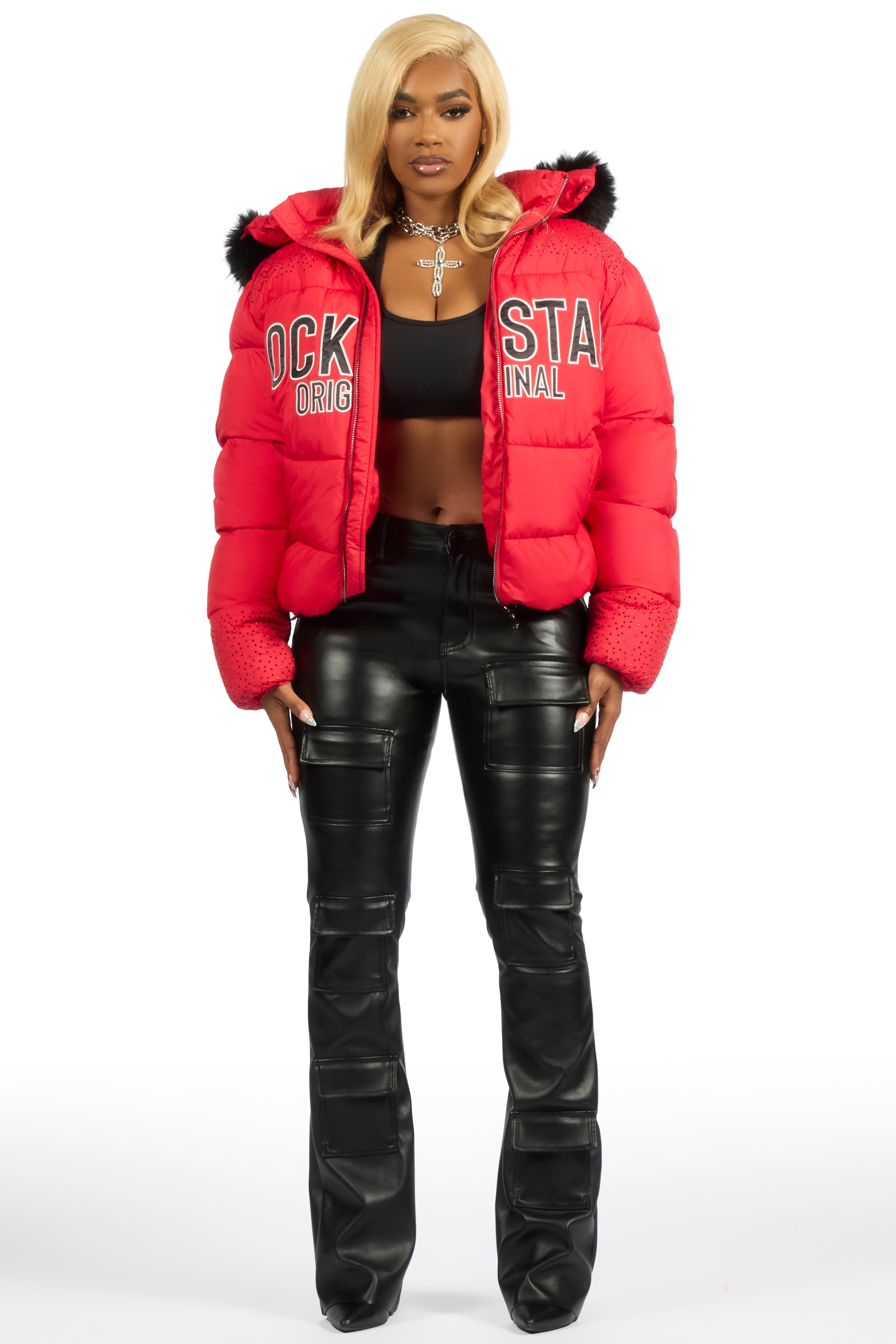 Natia Red Oversized Rhinestone Puffer Jacket