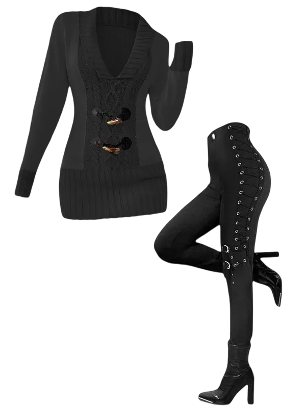 Women's suit: faux horn button sweater and loop-buttoned leggings