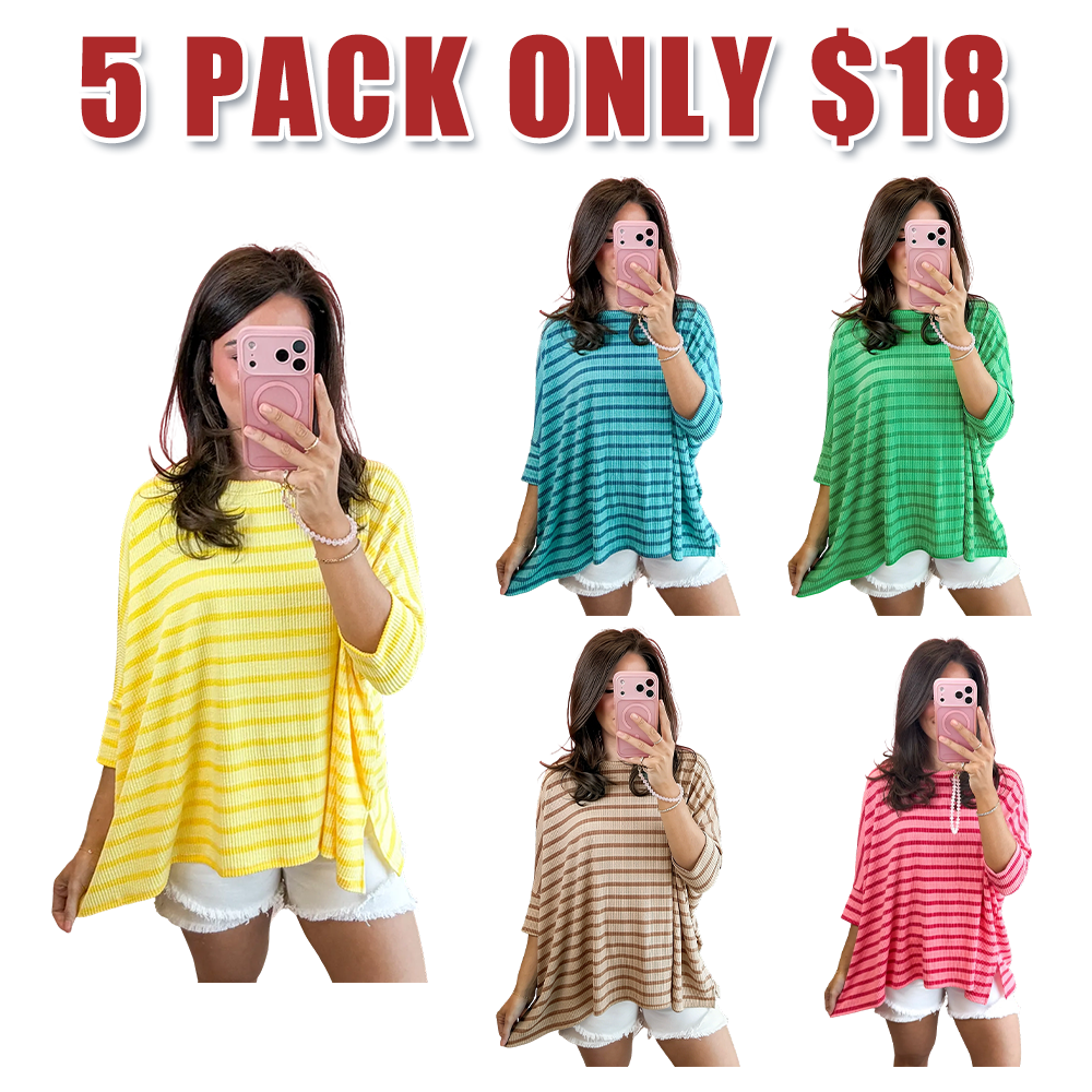 Spring Striped Raised Rib Easy Fit 3/4 Sleeve Top