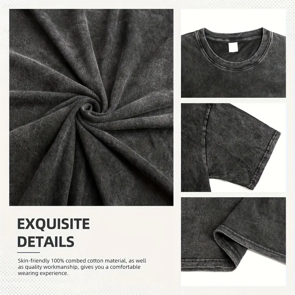 Men's plus-size retro heavyweight fitness T-shirt, pure cotton sports acid washed loose T-shirt