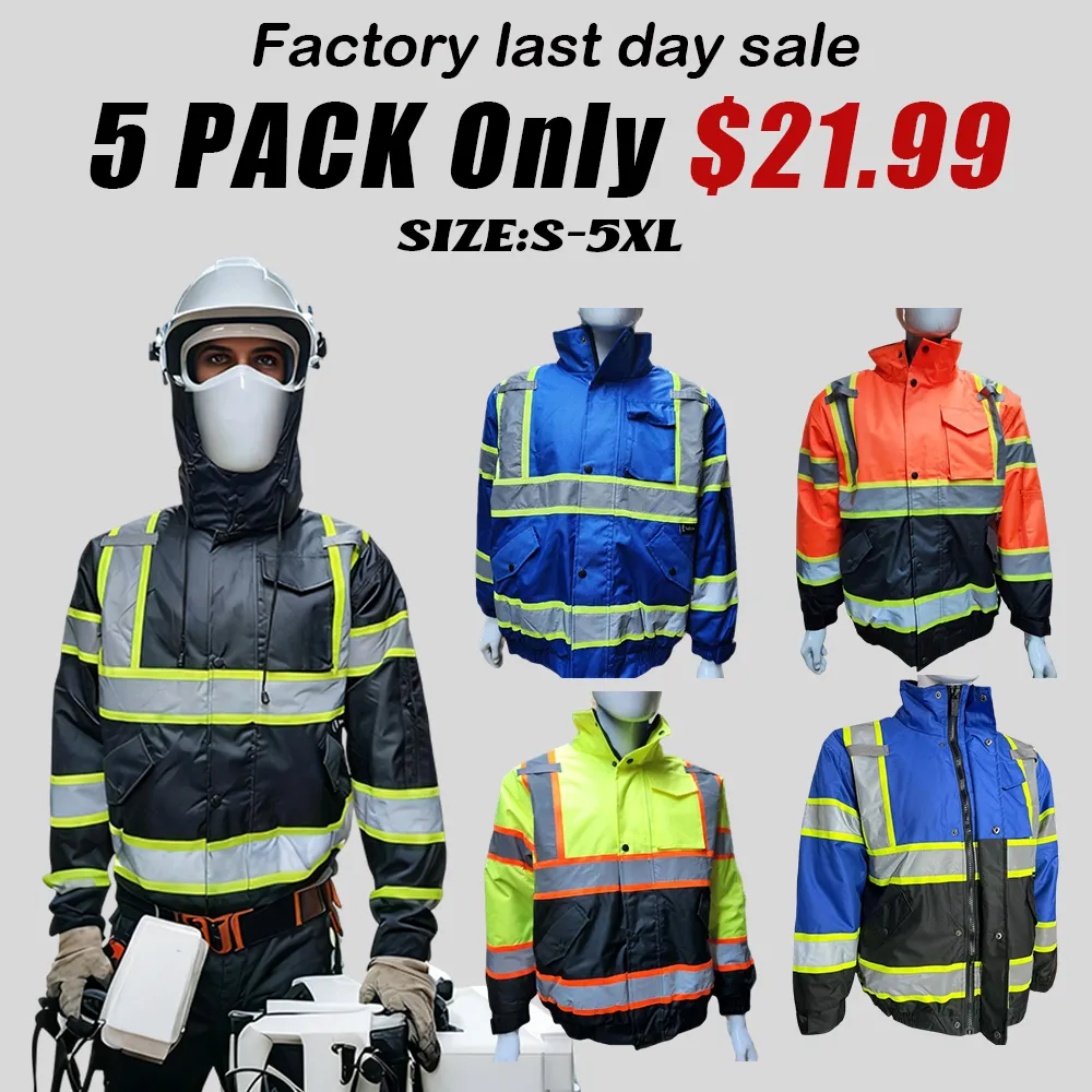 High Visibility Water Resistant Bomber Safety Jacket with Hoodie / Reflective Safety Sherpa Insulated Jacket
